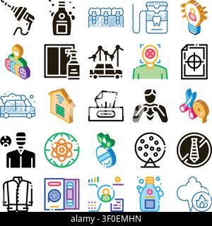 Flat and isometric icon set covering tech, smart home, automotive, dental, health, cleaning, analytics, science and lifestyle concepts for versatile d Stock Vector