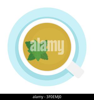 Top View Mint Tea Cup Vector Illustration Fresh Herbal Beverage Overhead Flat Design Teacup with Green Leaves Saucer Warm Drink Icon Stock Vector