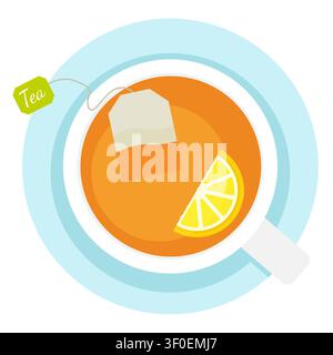 Top View Tea Bag Cup Vector Illustration Citrus Lemon Slice Black Tea Overhead Flat Design Teacup with Tag Steeping Brew Saucer Warm Drink Icon Stock Vector