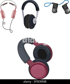 Collection of modern headphone and earbud vector illustrations showing various personal audio accessories for music, communication and digital enterta Stock Vector