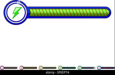 Game interface element featuring a horizontal energy bar with a lightning bolt symbol, indicating power, charging, strength, and status in a digital e Stock Vector