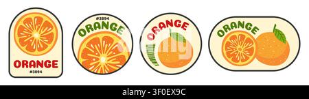 Orange fruit barcode label set. Trendy retro badges with organic fresh quality tag supermarket, farm shop and grocery store packaging. Cartoon flat sticker tropical citrus design. Vector illustration Stock Vector