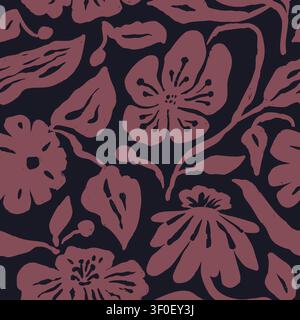 Monochrome black and burgundy brush strokes inky flowers seamless pattern Stock Vector