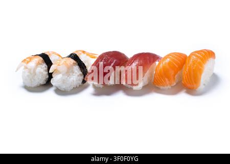 Assorted nigiri sushi with salmon, tuna and shrimp isolated on white background Stock Photo