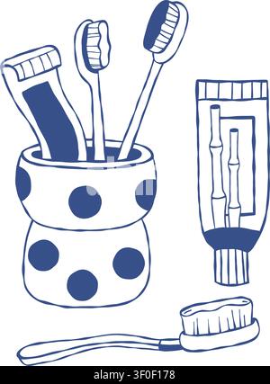 Eco Dental Care Set. Bamboo Toothbrushes in Polka Dot Cup and Toothpaste Tubes Hand Drawn. Zero Waste Bathroom Hygiene. Vector Illustration. Isolated Stock Vector