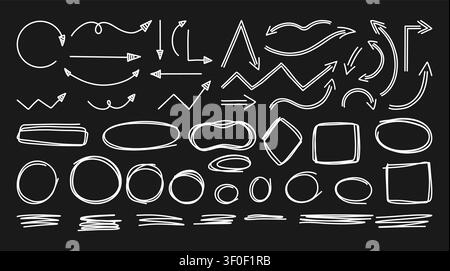 Doodle UI Elements Set. White Chalk Hand Drawn Arrows And Pointers For Dashboard Design. Isolated Minimalist Line art Wireframe Frames On Black Backgr Stock Vector