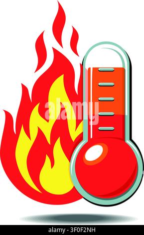Extreme high temperature warning sign with flame and  thermometer. Very hot and scorching. Caution symbol of summer concept. Vector on transparent bac Stock Vector