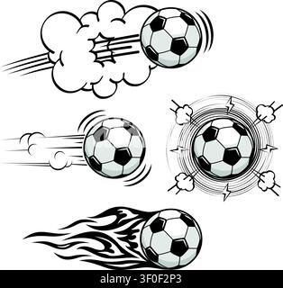 Soccers football balls fly at high speed. Vector on transparent background in comic style Stock Vector