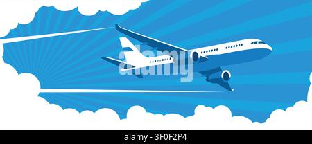 Airplane in the sky flying between the clouds. Vector background for banner, poster, website header, landing page with copy space text Stock Vector