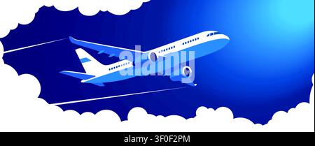 Airplane in the sky flying between the clouds. Vector background with plane, sky and clouds for banner, poster, website header, landing page Stock Vector