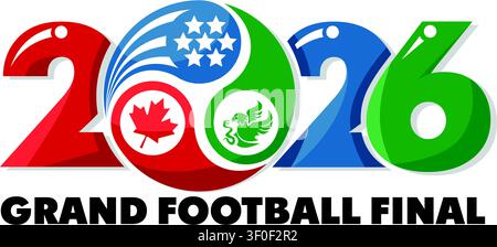 2026 global soccer championship with colors of the host countries. Abstract football ball with lettering 2026 in flags colors. Vector on transparent b Stock Vector