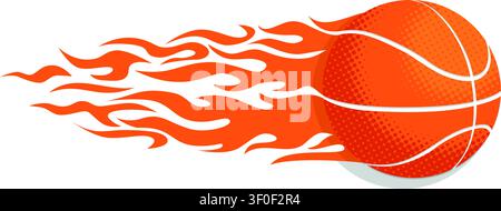 Basketball fire ball is flying in burning flame. Element emblem logo template in comic style. Vector on transparent background Stock Vector