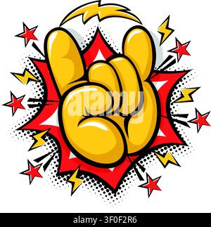 Devil horn gesture sign in comic style. Rock and roll, Hard rock , fan culture, hand gesturing concept. Vector on transparent background Stock Vector