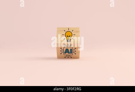 Wooden cube displaying light bulb and ai symbols, representing artificial intelligence driving creative solutions and future development Stock Photo