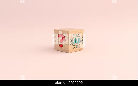 Wooden cube displaying question mark and ai icon. Representing future challenges, ethical dilemmas, and ai-related queries Stock Photo