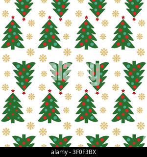 Pattern of green Christmas trees with red decorations and snowflakes on white background for holiday design use Stock Vector