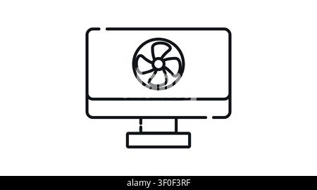 Desktop computer cooling fan icon: PC workstation displaying hardware cooler and ventilation symbol on screen, minimalist black line art vector illust Stock Vector