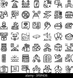 Set of diverse outline icons covering concepts like personal finance, travel, health, food, education, technology, and various professions, suitable f Stock Vector