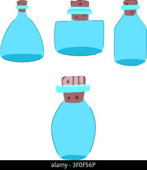 Four empty blue glass bottles, each featuring a cork stopper, are presented with diverse hand drawn shapes, perfect for concepts like alchemy, potions Stock Vector
