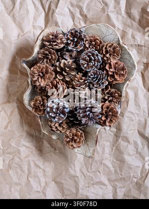 Pine cones in a leaf-shaped bowl, Christmas decoration Stock Photo