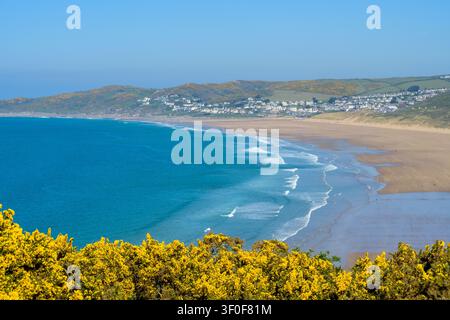 Woolacombe and Woolacombe Sand from the King Charles III England Coast Path on the headland at Putsborough, North Devon, England. Stock Photo