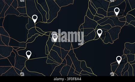city plan with golden road lines and white markers. Vector illustration. Stock Vector