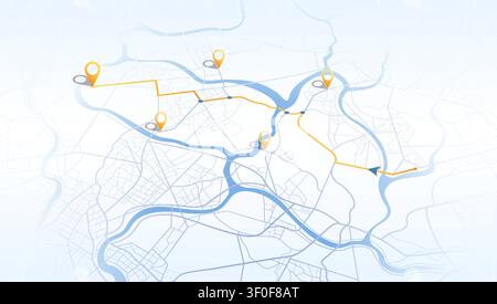 Gps map navigation with yellow markers and winding route on light city background. Vector illustration. Stock Vector