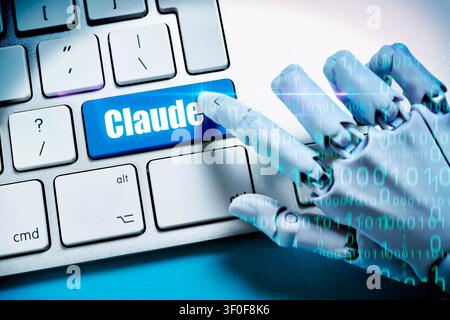 Robot hand with binary code presses key labeled Claude on a computer keyboard, photomontage Stock Photo