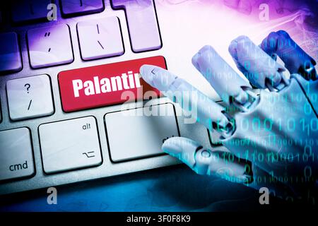 Robot hand with binary code presses key labeled Palantir on a computer keyboard, photomontage Stock Photo