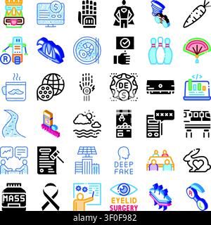 Diverse icons collection representing technology, health, finance, nature, and human activities, offering a wide range of visual elements for differen Stock Vector