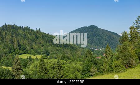 Forested Mountain Peak Rising Above a Green Valley in the Pieniny Mountains, Poland Stock Photo