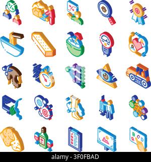 Diverse set of isometric illustrations depicting concepts like business analytics, data management, social media, human resources, research, security, Stock Vector