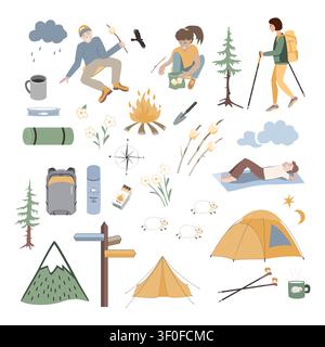 Hand drawn set with camping elements. Vector illustration Stock Vector