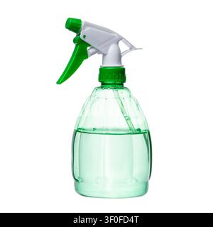 Isolated green plastic trigger spray bottle filled with liquid on white background jpeg Stock Photo