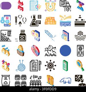 Diverse set of isometric icons illustrating a range of concepts including communication, technology, nature, finance, and celebration, suitable for us Stock Vector