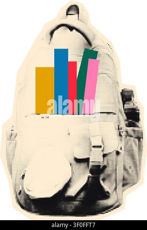 Halftone backpack with colorful books vector illustration Stock Vector