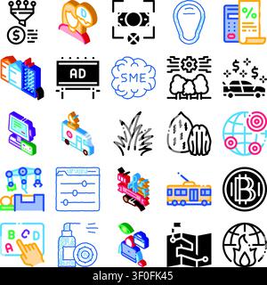 Comprehensive collection illustrating various business concepts including finance, technology, marketing, logistics, and data analysis in an isometric Stock Vector