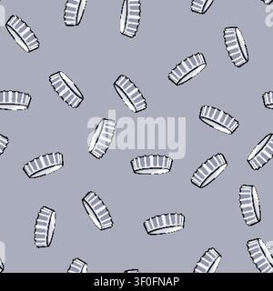 seamless pattern Round metallic bottle cap with ribbed side and flat top on white background, symbolizing beverage packaging, closure and sealing for Stock Vector