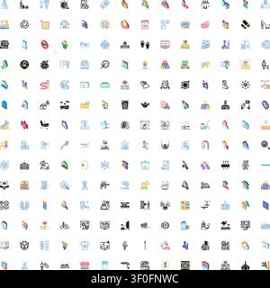 Diverse collection of isometric icons representing various modern concepts and industries, including technology, travel, healthcare, communication, an Stock Vector
