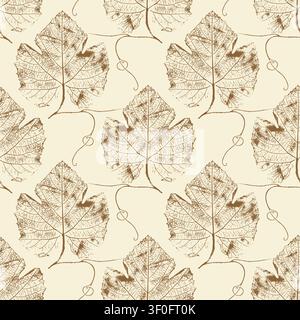Grape leaves seamless pattern with hand drawn texture in vintage style for wine packaging, wallpaper and textile design, monochrome brown and beige pa Stock Vector