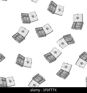 seamless pattern Wooden cigar box filled with hand rolled cigars, vintage luxury and relaxation in clean black and white line art style, isolated on w Stock Vector