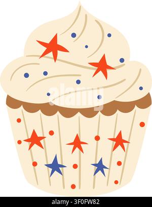 Cupcake decorated with creamy white frosting and multiple red and blue stars, in blue wrapper, symbol of American patriotism and Independence Day, iso Stock Vector