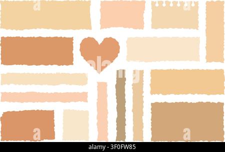 Collage of torn paper rectangles and heart with rough edges isolated on transparent background. Stock vector illustration in flat style. Stock Vector