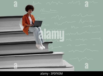 Woman using laptop on book for online learning. Stock Photo