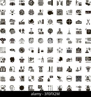 Large collection of diverse flat black glyph icons illustrating various concepts, themes, activities, and objects, suitable for business, technology, Stock Vector