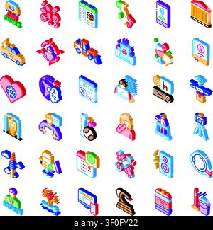Isometric colorful vector symbols collection depicting technology, business, social, and healthcare concepts along with various objects, suitable for Stock Vector
