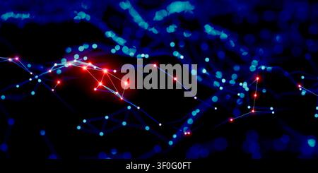 Dynamic abstract digital network connection featuring glowing red nodes over dark blue background, symbolizing modern technology, futuristic science, Stock Photo