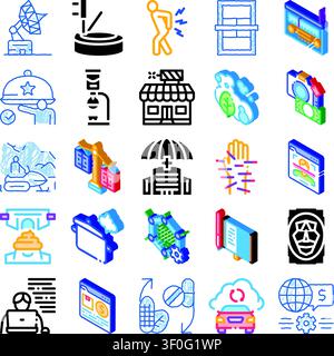 Collecting isometric icons illustrating diverse concepts including medical, technology, business, security, logistics, health, science, industry, and Stock Vector