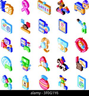 Isometric vector icons representing diverse concepts including health, technology, finance, gaming, security, and communication, organized as a compre Stock Vector