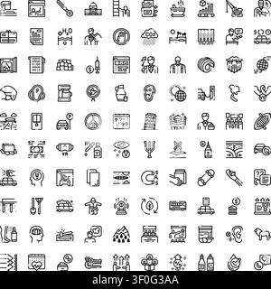 Set of diverse linear icons offering a wide range of symbols representing abstract ideas, objects, actions, and modern concepts for graphic design and Stock Vector